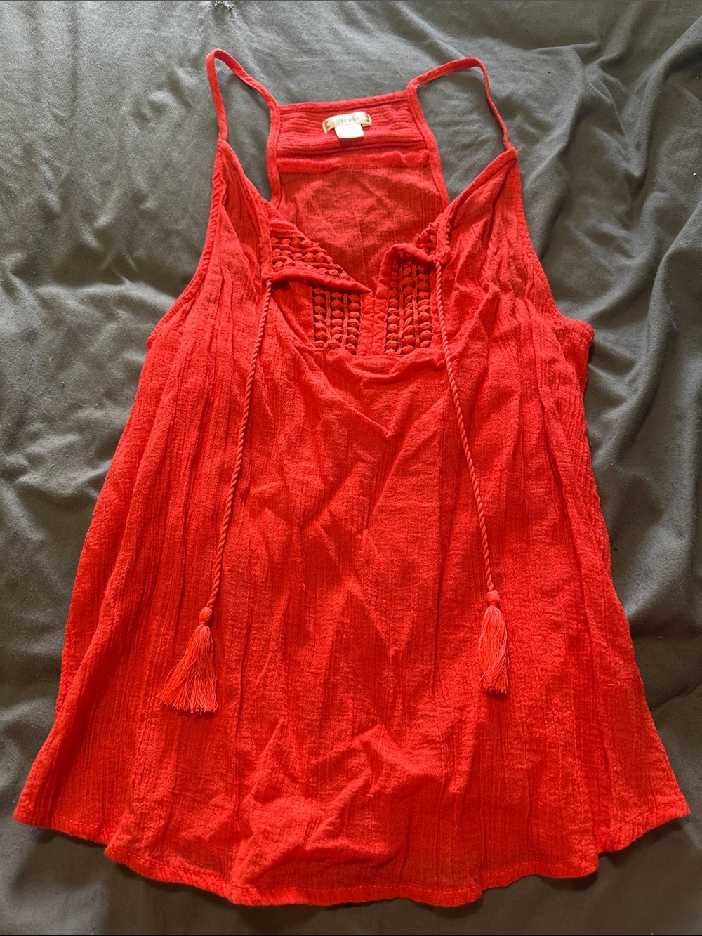Decree Red Crochet-Front Tassel Camisole